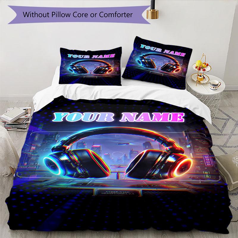 3pcs Custom Name "Neon Headphones Cityscape" Bedding Set Printed Bedding Set Duvet Cover Closure Includes 1 Duvet Cover & 2 Pillowcases Bedroom Decor