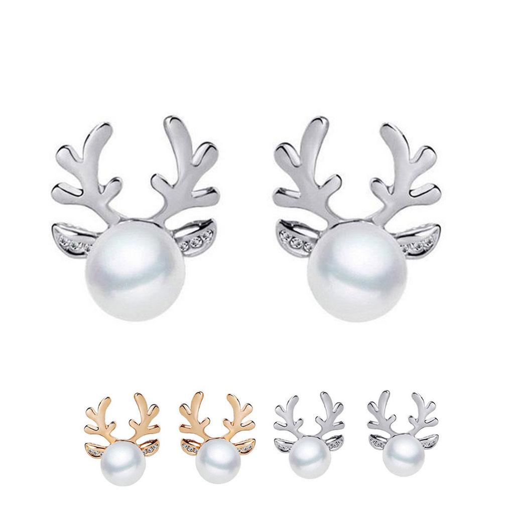 Elegant Women Pearl Antlers Pendant Necklace Crystal Rhinestones Shining Earrings Kit Girl Lady Gift Jewelry