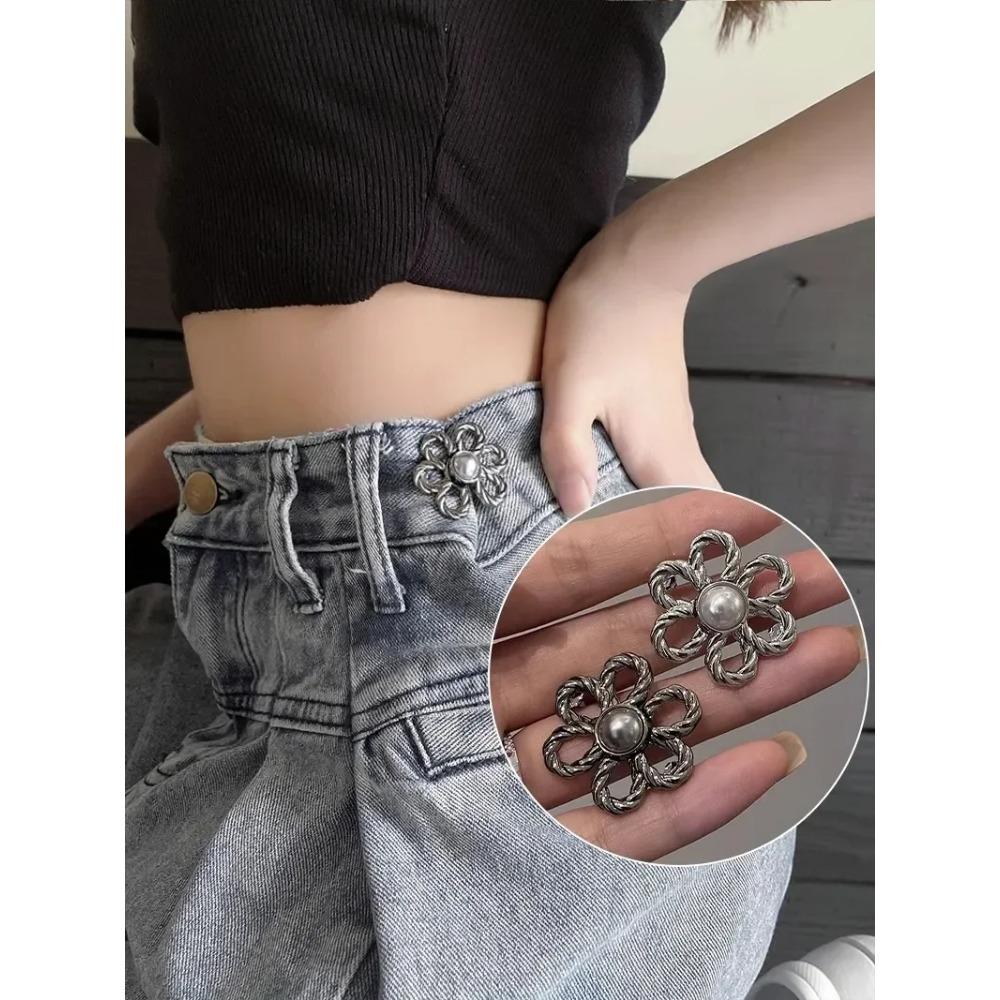 2pairs Waist Metal Flower Adjustable Tighten Invisibility Decoration Couple Buckles Pants Skirts Size Change From Large To Small