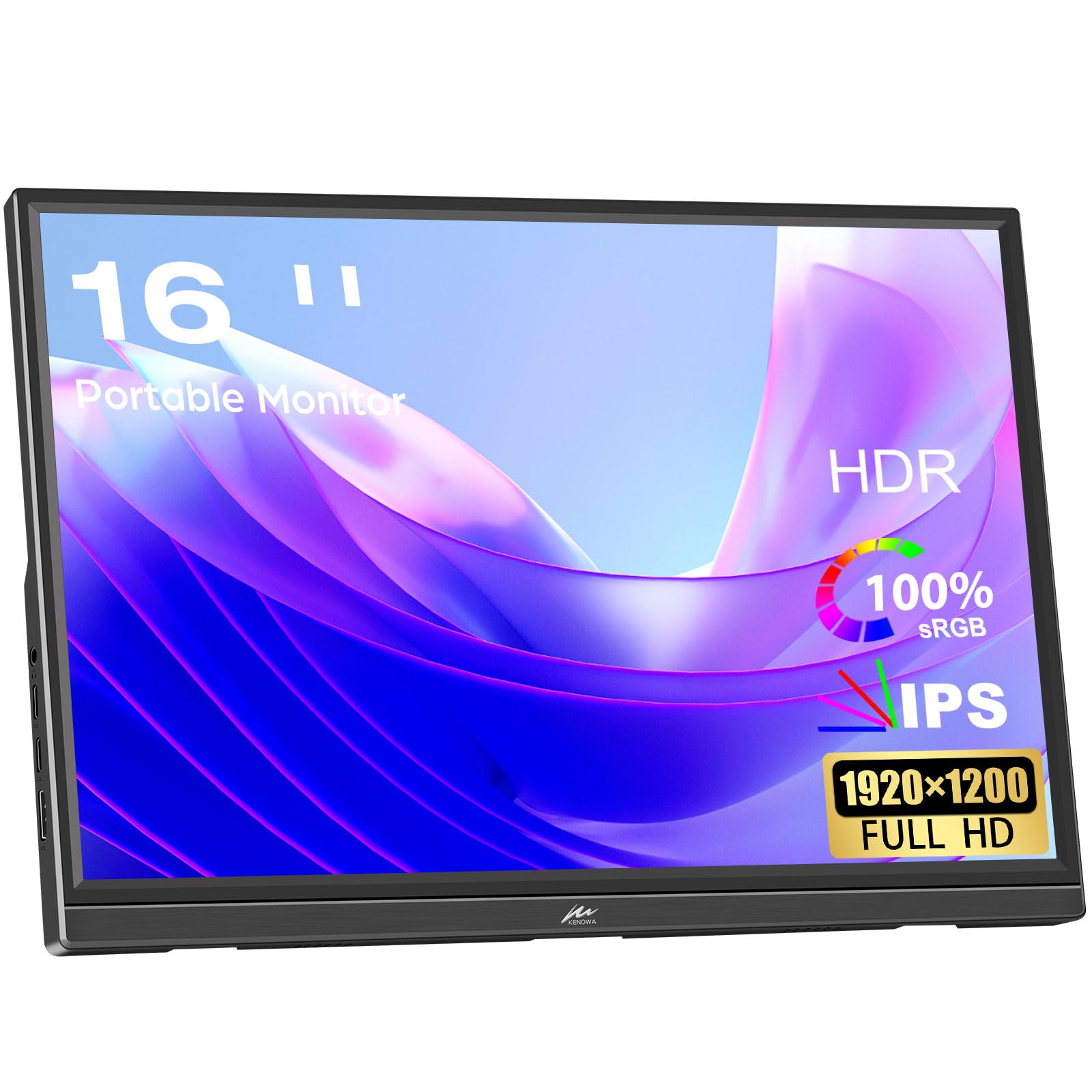 

Mobile Monitor 16 Inch Kenowa 1920x1200 IPS Panel Full View FHD HDR Game Monitor Thin Lightweight USB HDMI Compatible with Speaker 178° Type-C