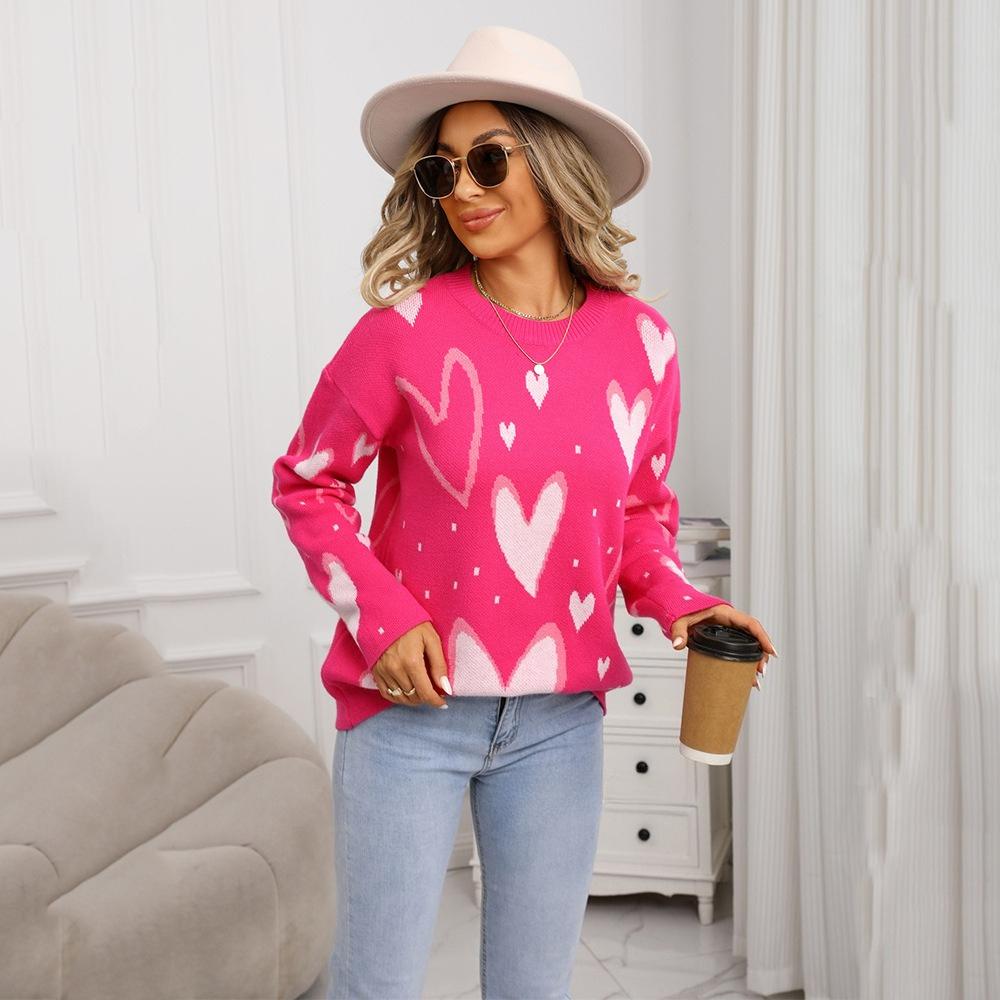 Heart-shaped Pullover Loose Sweater, Round-neck Long-sleeved Small Heart Knitted Sweater for Women