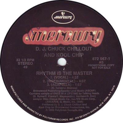 12inch Record CHUCK CHILLOUT  KOOL CHIP  Rhythm Is The Master 872567 Mercury 1989 US Rap  HipHopRB Used