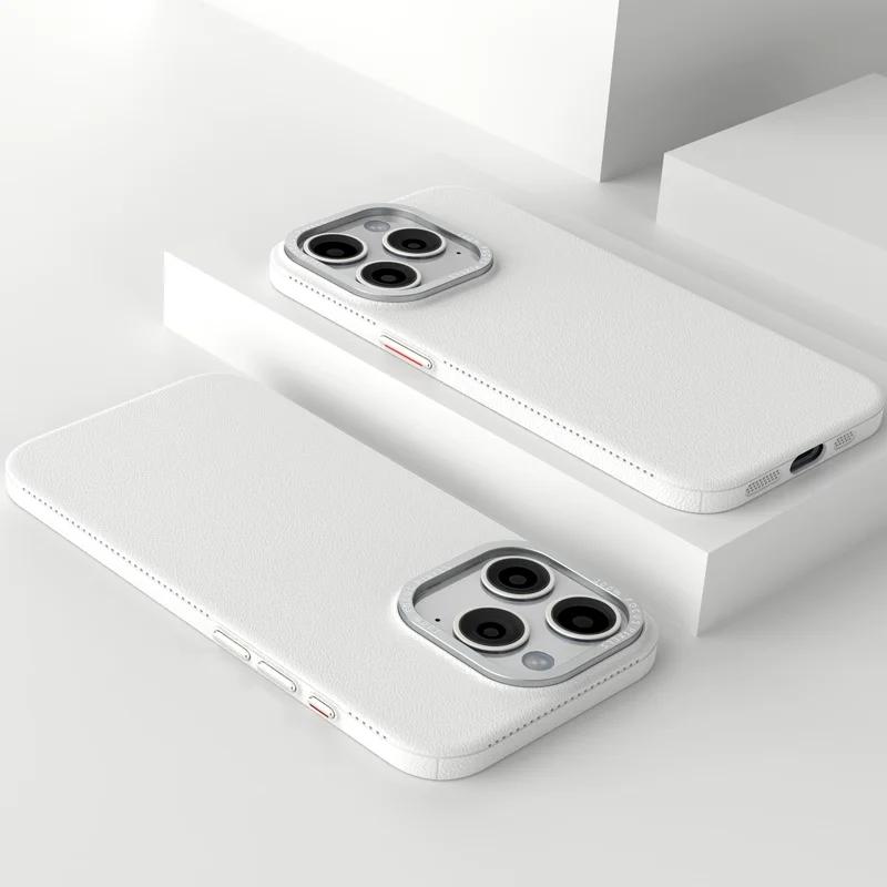 Luxury Metal Camera Protection Leather Texture Case for iPhone 15 14 Plus 13 12 16 Pro Max Soft Silicone Matte Shockproof Cover