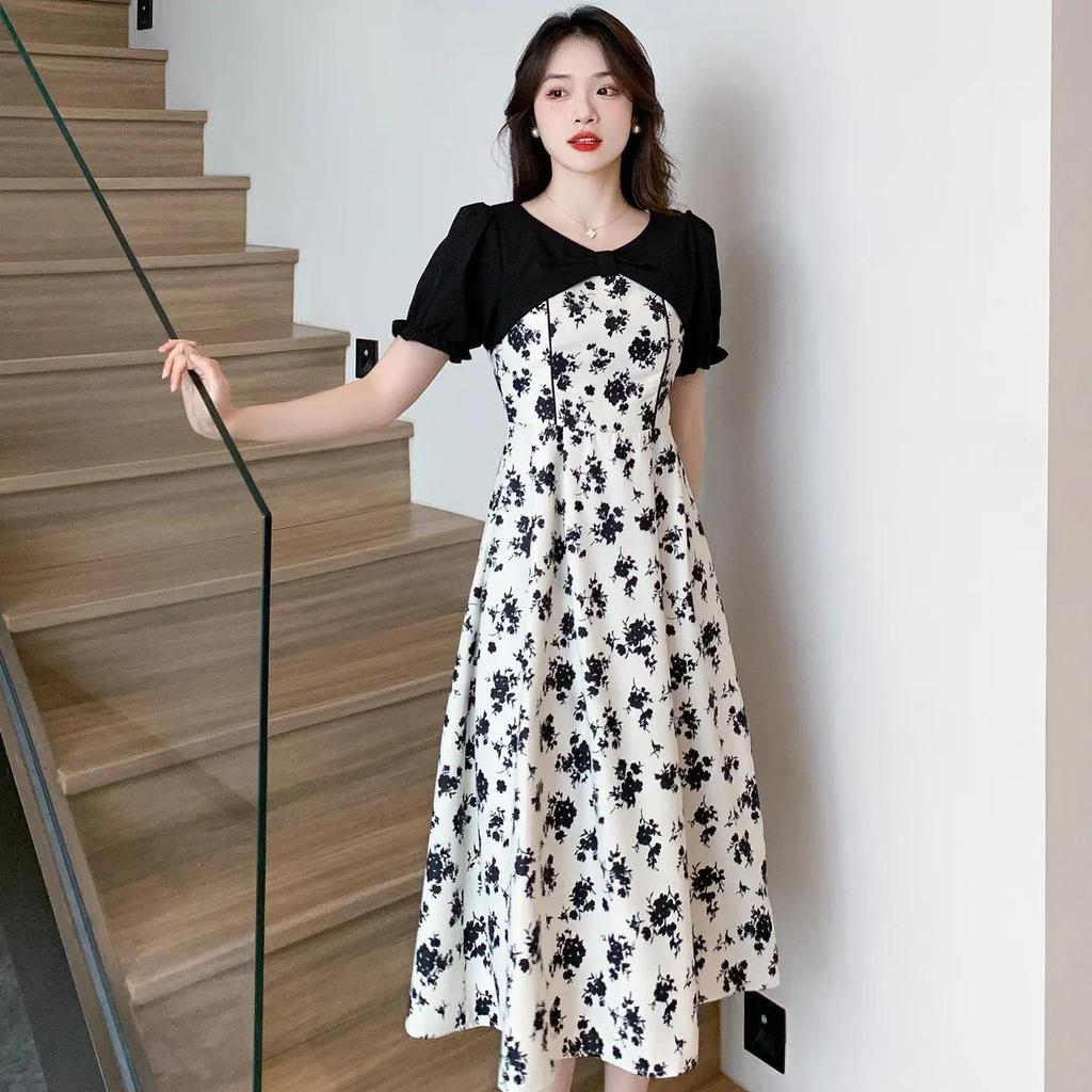 2025 Summer French Bellflower Floral Camisole Dress with Faux Two-Piece Design and Waist-Cinching Patchwork