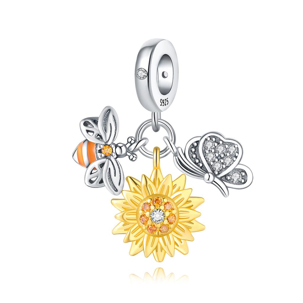 PANPOKI 925 Silver Iris Flower Pendant Charm Bracelet Jewelry DIY Trendy Gift for Women Party Beads