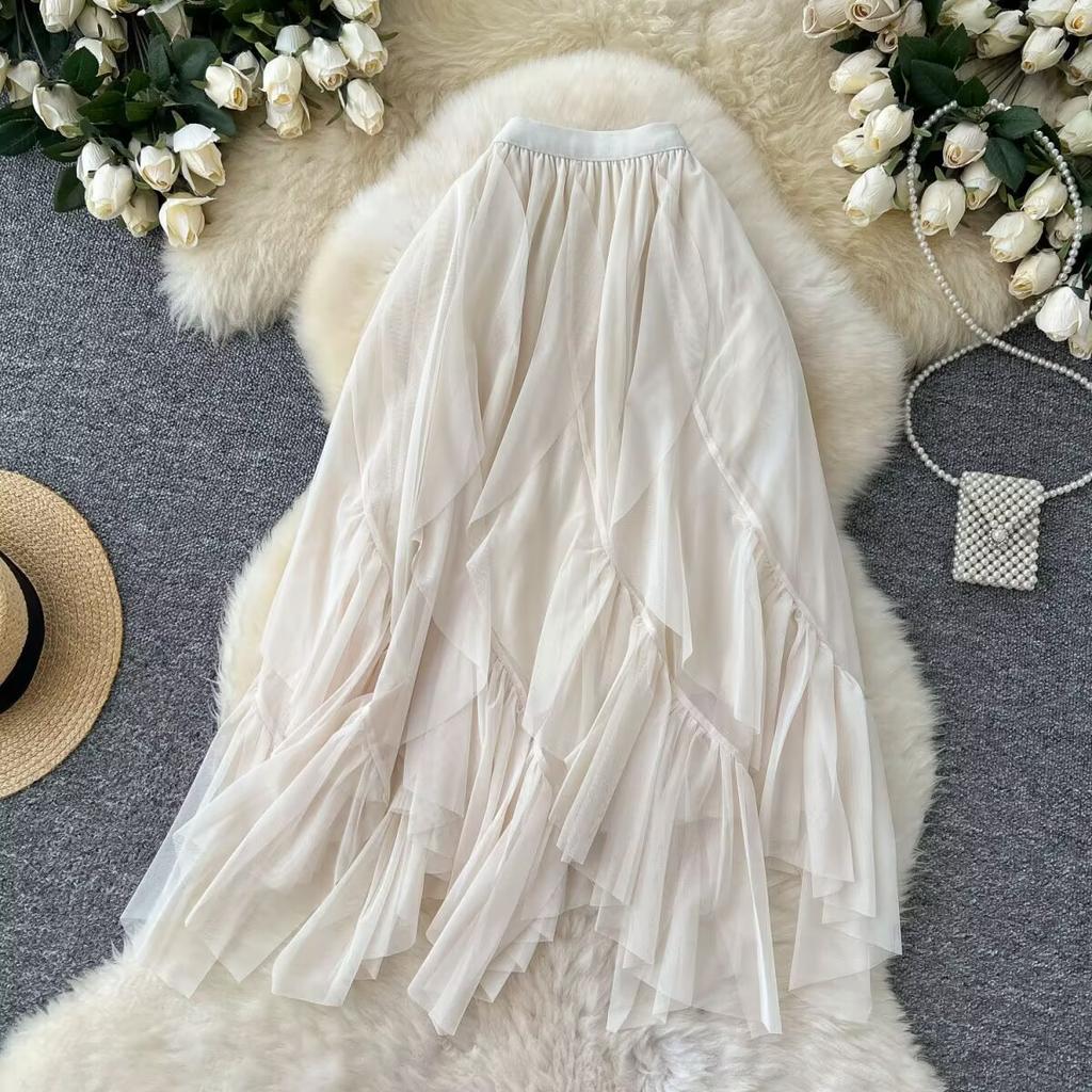 Letní Dámská Elegantní Sukně s Vysokým Pasem, Volánky, Síťovaná, Dlouhá Midi, Nepravidelná Tylová