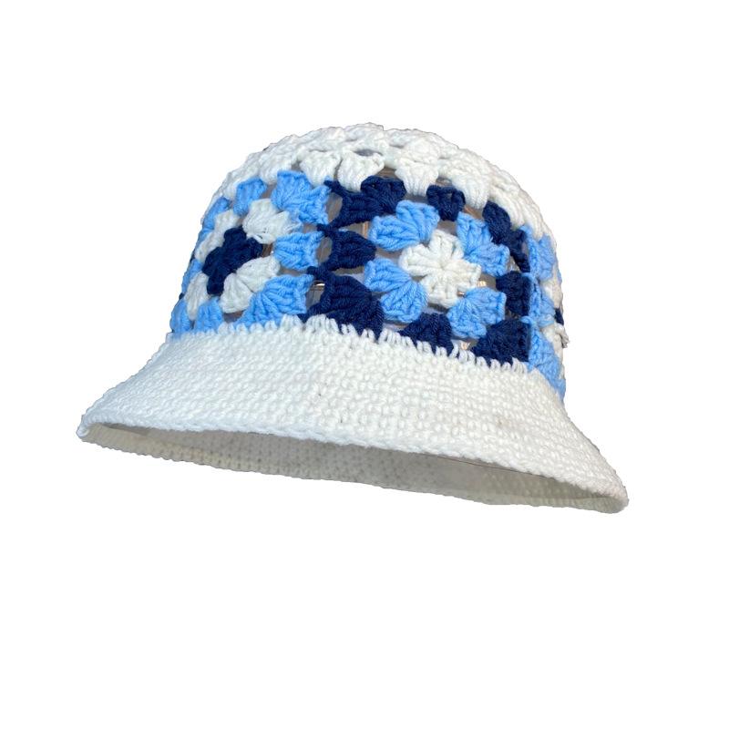 ins Hyunya wind hollow crochet color matching knitted hat female autumn and winter versatile girl show face small wool hat