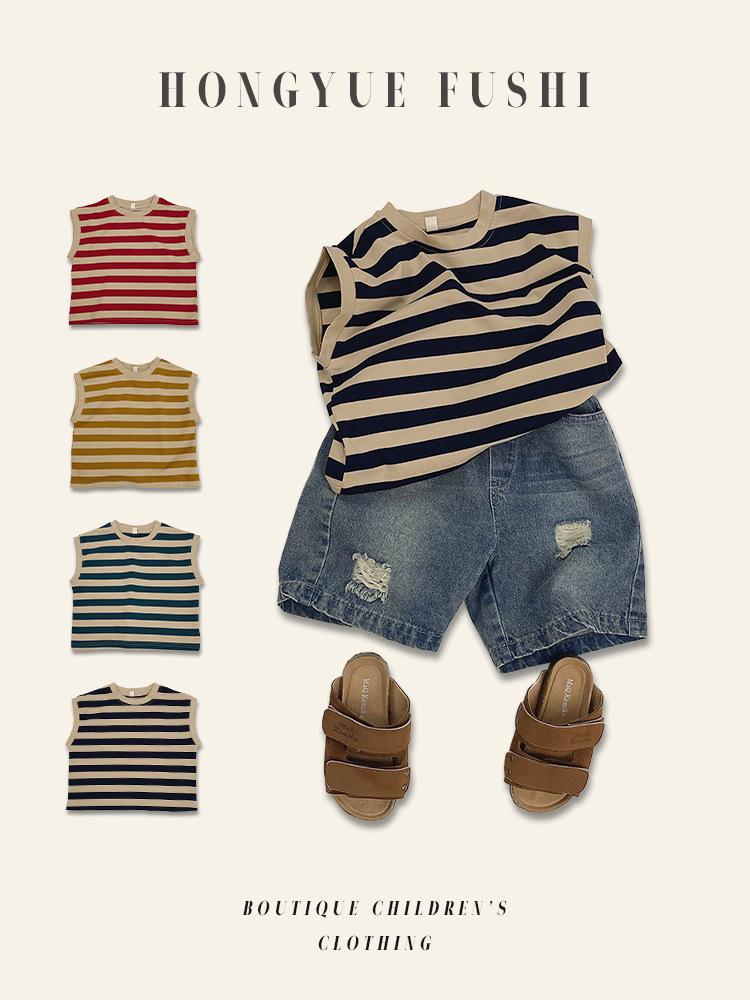 Customized Pure Cotton Striped Sleeveless Vest for Boys & Girls - Korean Style Summer Inner Wear T-shirt