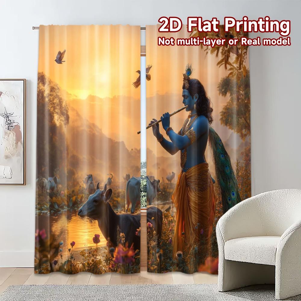 2pcs, 2D FLAT PRINTING Curtains (Without Rod) Pastoral Harmony Popular Curtain Cloth Yarn Curtains Home Decor Perfect for