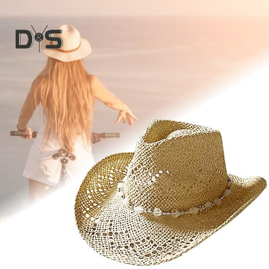 Summer Straw Hat Hollow Out Foldable Adjustable Bead Decor Curled Edge Windproof Strap Western Cowboy Style Solid Color Outdoor Cap