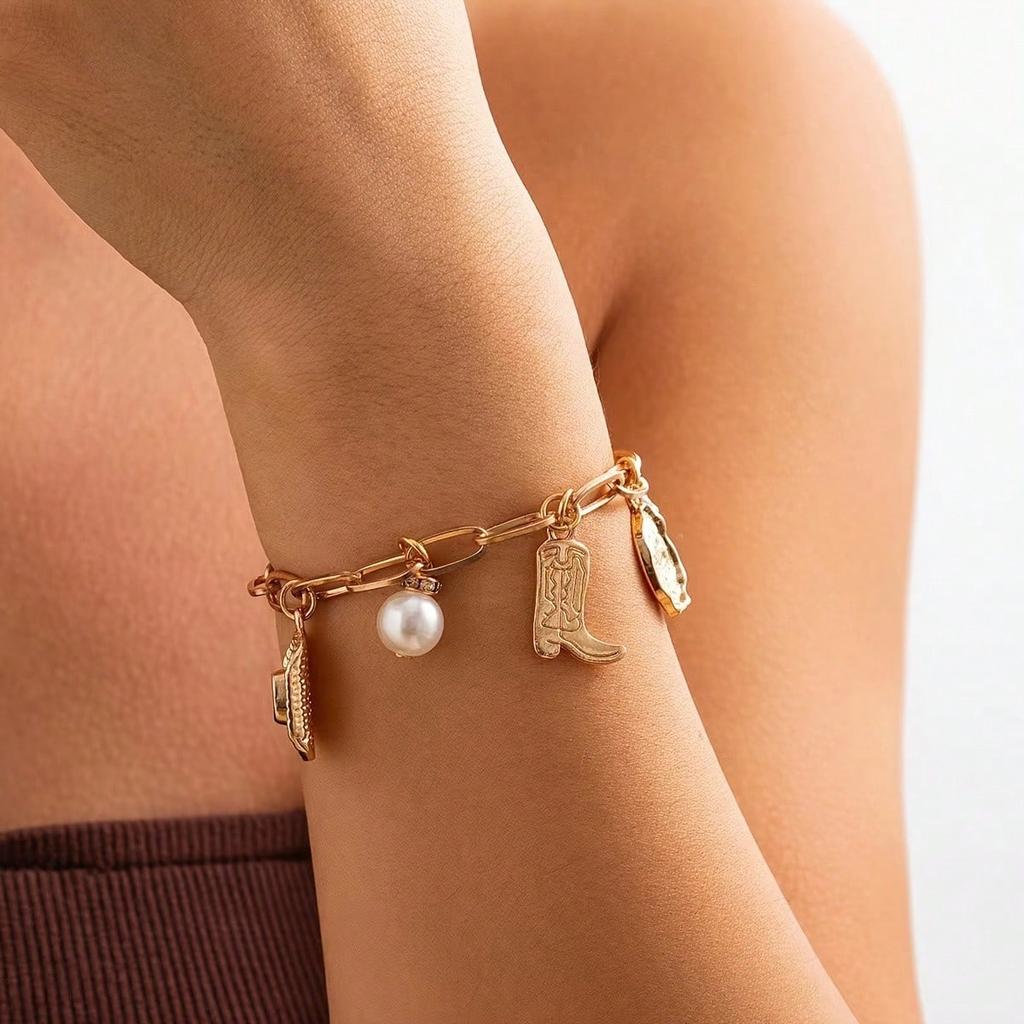 1pc Vintage Adjustable Western Style Cowgirl Faux Pearl Decor Cowboy Hat Horse & Cowboy Boot Charm Bracelet, Simple Jewelry Gift