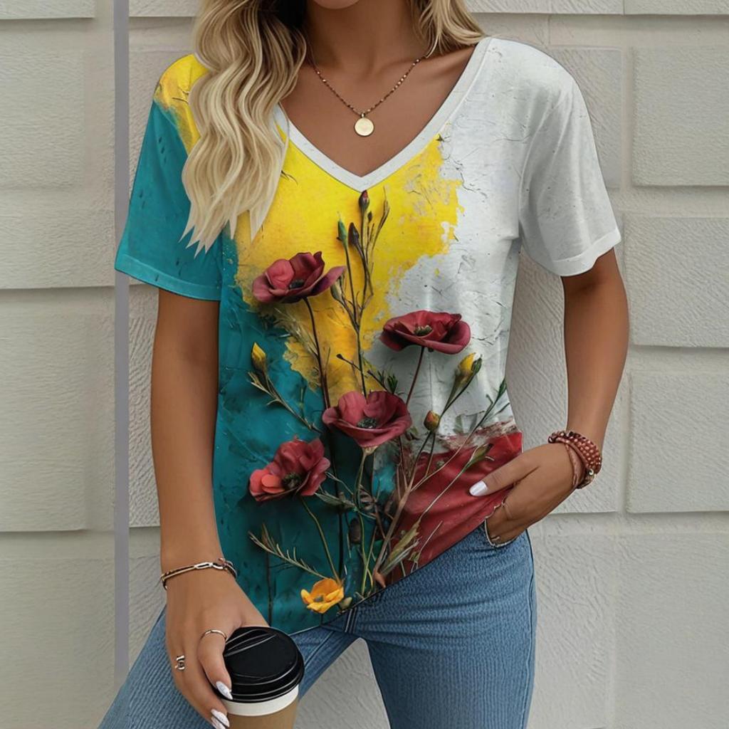 Flower Floral Painting 3D Print T-Shirts Women's V-Neck Short Sleeve T Shirt Y2K Oversized Tees Harajuku Tops Female Clothing