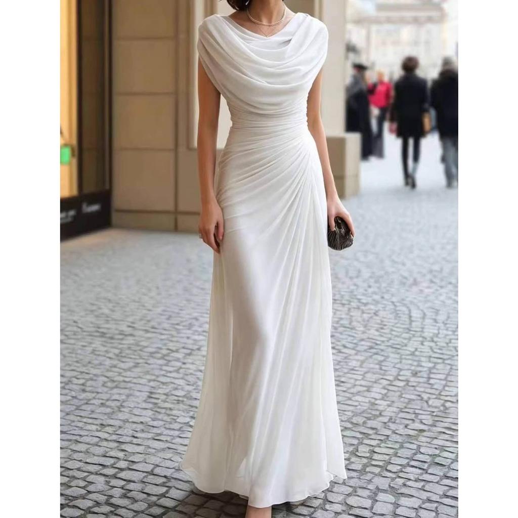 Dámské maxi šaty bez rukávů s rolákovým výstřihem, úzký střih, elegantní, řasené, formální večerní šaty