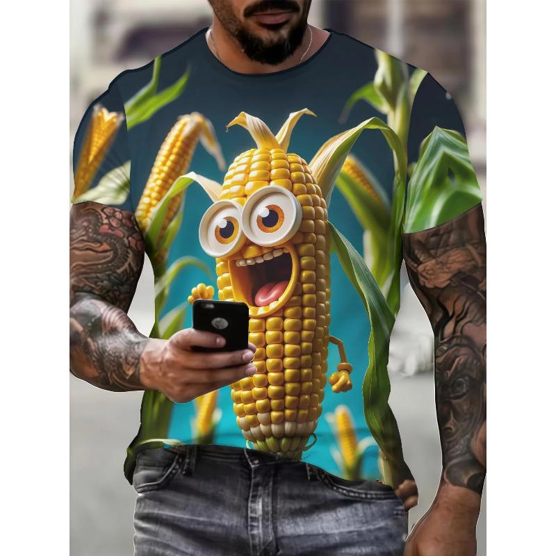 Men's 3D Cartoon Anthropomorphic Corn Cob Farm Leaf Print T-Shirt Crew Neck Short Sleeve Funny Food Casual Tee Top