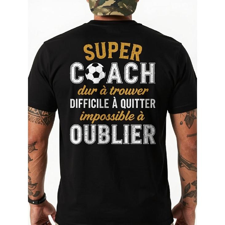 Men'S Football Coach T-Shirt - French Coaching Phrases And Soccer Back Print - Breathable Short Sleeve Tee with 'Super Coach' Slogan - Gift for