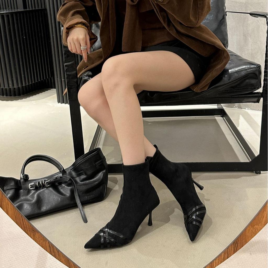 Korean pointed high-end thin-heeled high-heeled short boots women's 2025 new autumn and winter single boots belt buckle elastic thin boots