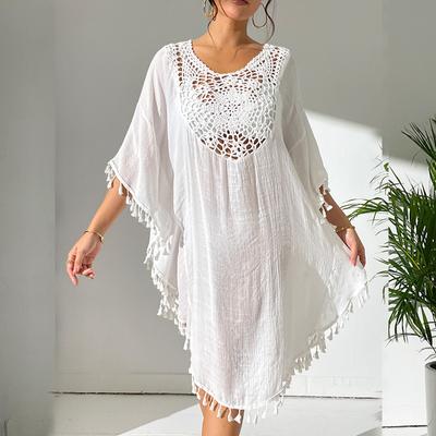 Moda mujer Verano Primavera Color sólido Estampado Mangas 1/2 Cuello redondo Vestidos de playa Naks y Pareo