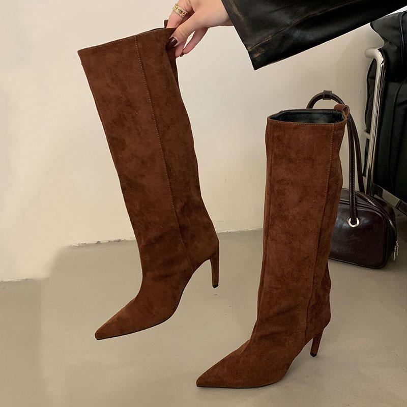 

Мода Мода Тонкие Каблуки Обувь Вечеринка Дамы До Колена Современные Сапоги Женские Острый Носок Флок Женские Длинные Сапоги Обувь Слипоны Туфли-Лодочки 39 коричневый