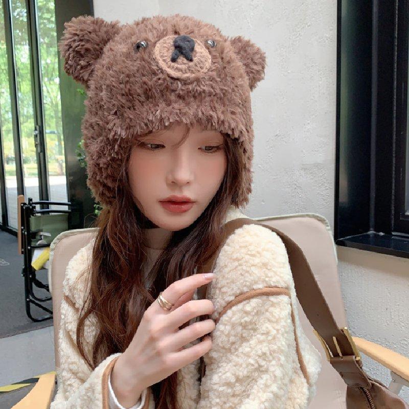Women Plush Winter Bear Hat Keep Warm Ear Protector Solid Color Caps Travel
