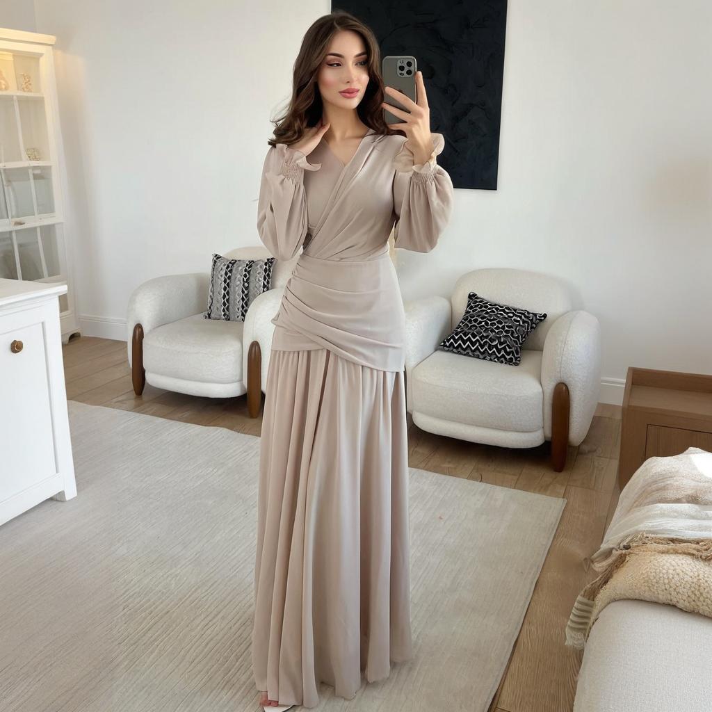 2025 Summer European & American Round Neck Bell Sleeve Slim Evening Dress for Women