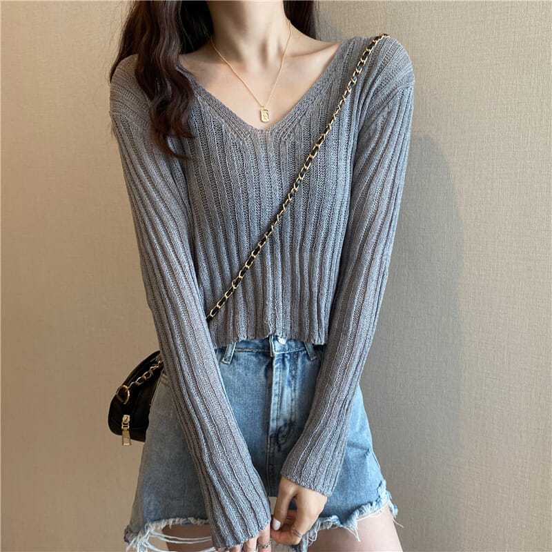 

Spring Autumn Korean Style V-neck Collarbone Exposing Hollow Out Long Sleeve Short Knitwear Women s Thin Top Sweater One size сірий колір