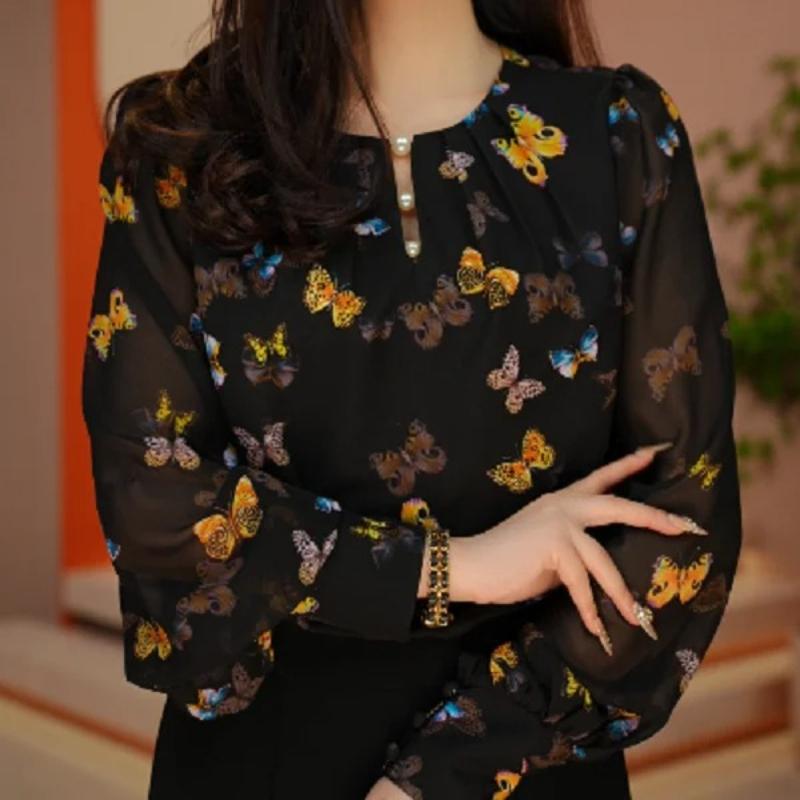 

Summer Harajuku High Waist Retro Casual Korean Style Women s Shirt Chiffon Solid Print Button V Neck Long Sleeve Tops 4XL