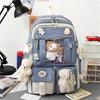 5Pcs Kawaii Backpack Casual Bags Cute Aesthetic Backpacks with Tote Handbag Pencil Pen Case Pouch,with Cute Bear Pendant Pins (Blue)