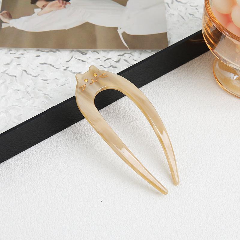 French Retro Cat U-Shaped Hairpin: Large, Elegant Acetate for Women