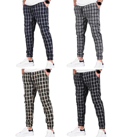 Men Pants Color Matching Plaid Print Drawstring Elastic Waist Ankle-banded Pockets Mid