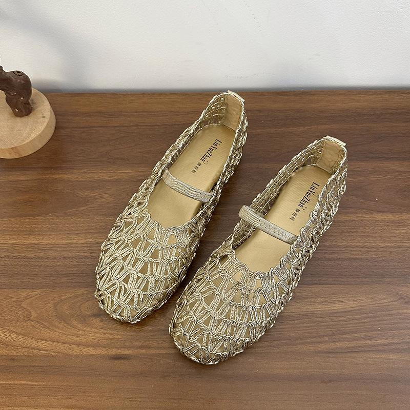 

Ретро плетеные туфли-рыбаки женские 2025 лето полые дышащие с мелким вырезом одинарные туфли на плоской подошве сандалии Мэри Джейн с юбкой 39 золотой