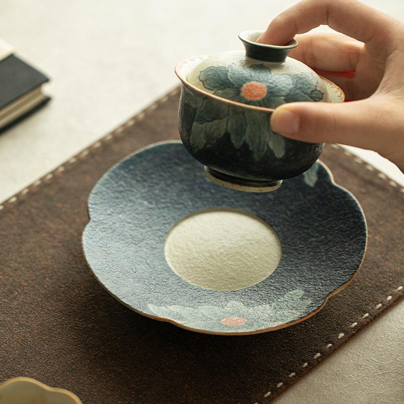 Hand Painted Sunflower Teapot Tray Blue and White Underglaze Ceramic Gongfu Tea Set Serving Plate for Dry Brewing