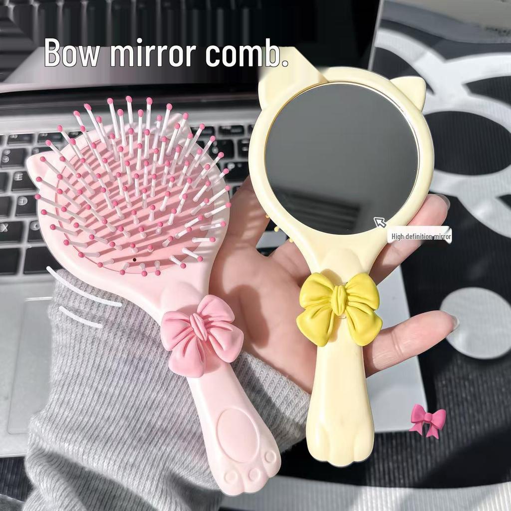 Cute Bow Cat Paw Mirror Comb: Portable 2-in-1 Air Cushion Massage Comb for Soft Girls