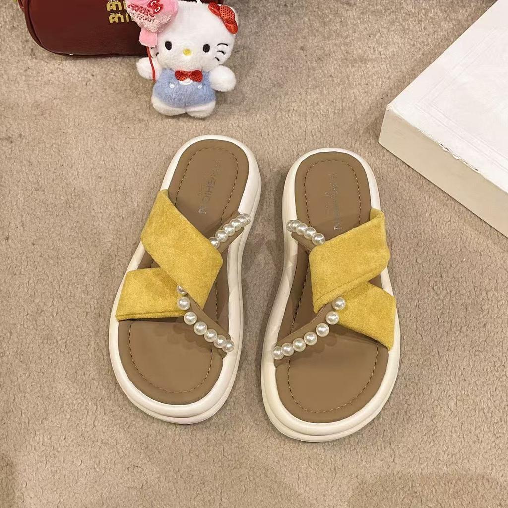 Thick bottom heightening outer wear one-word slippers summer new fairy wind French beach pearl cool slippers