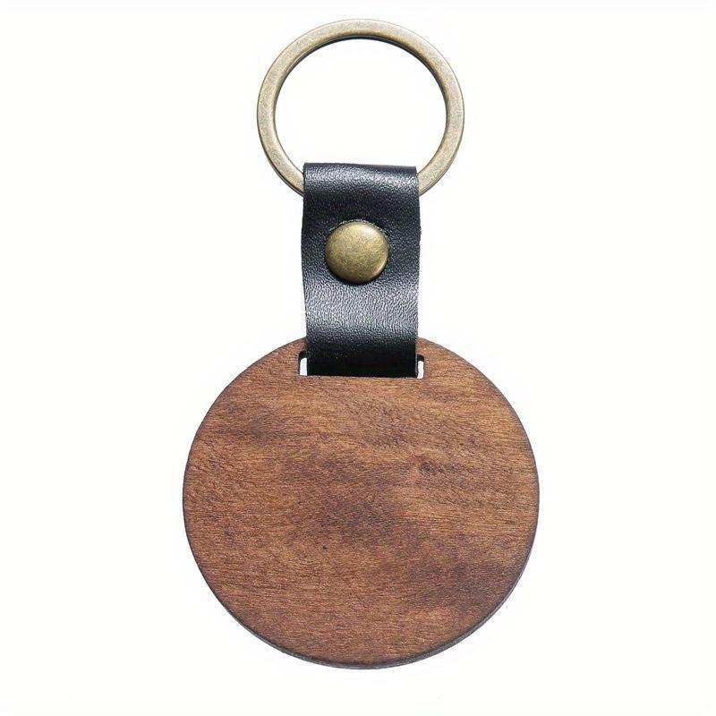 1pc Wood Square Tag Key Chains, Vintage Color Leather Round Keychain Accessories, Fashion Bag Pendant, Blank Wooden Card Keyring.