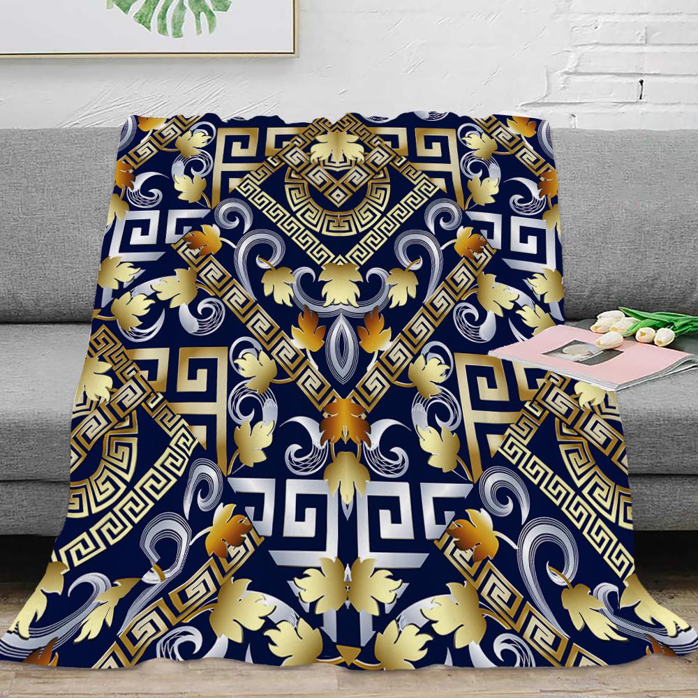 Couverture Plaid en Flanelle Luxe Noir Or Clé Grecque Méandre Baroque Douce Peluche Moelleuse Chaude Décoration Maison Couette Linge de Lit Cadeau