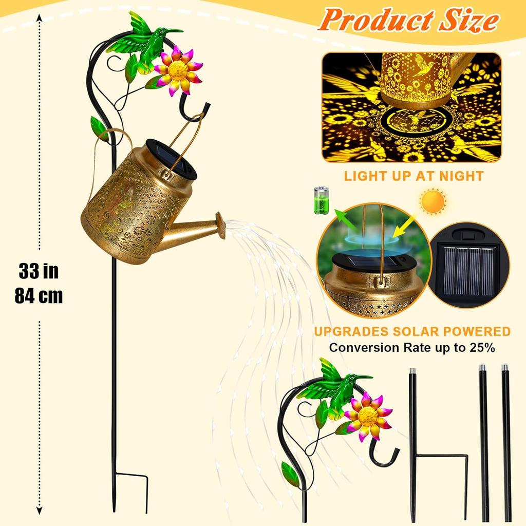 Hummingbird Solar Watering Can Lights, Outdoor Waterproof Garden Lanterns with Shepherd Hook, Solar Garden Decor for Yard Outdoor Landscape Pathway