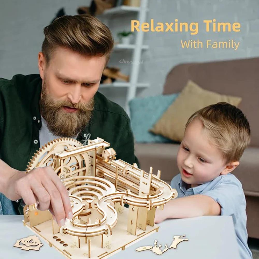 3D Wooden Puzzle Diy Building Kits Mechanical Model Marble Run Set With 4 Balls Creative Stem Toys For Adults Kids Birthday Gift