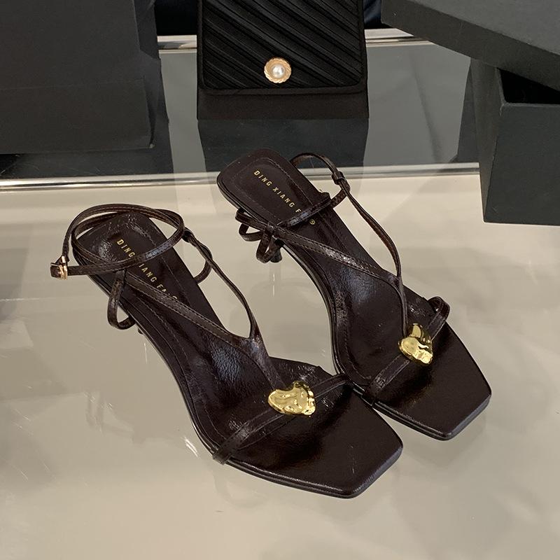 Women's Shoes Summer Fashion Open Toe French Style Elegant Square Toe Thin Heel SandalsHeart Metal BuckleThinBelt High Heels