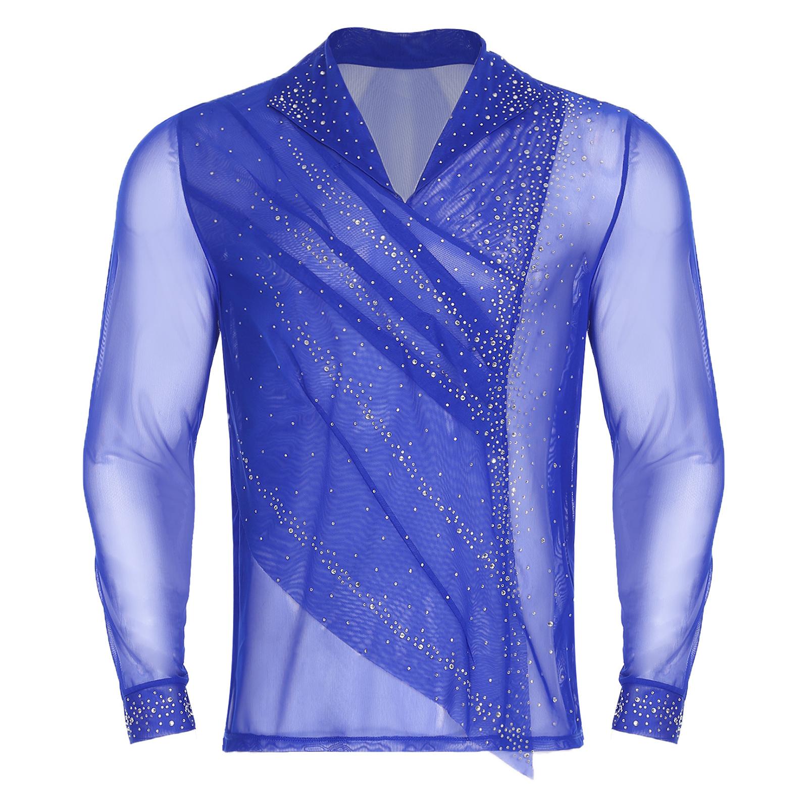 YDT-adult Heren Kunstschaats Top Transparant Mesh Glitterende Strassstenen Voor Gepoefde Overlay Revers V-Hals Lange Mouwen Shirt M koningsblauwe kleur