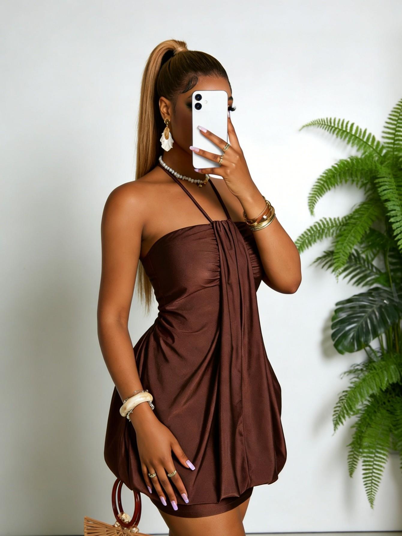 

Sexy neck tube top hip-wrapped short skirt high-end solid color waist fold atmosphere dress D 4XL шоколадний