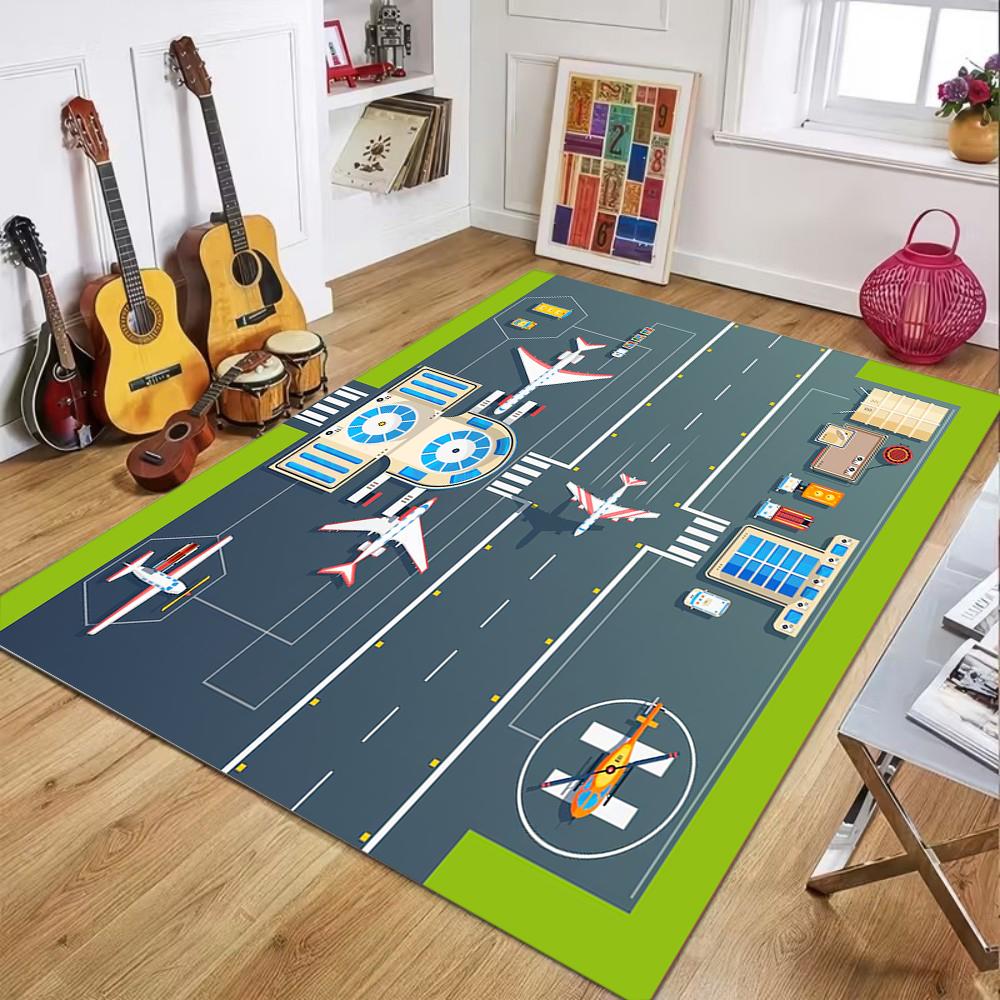 Airport Runway Living Room Carpet Simulation Airfield Pattern Area Rug Soft Non-Slip Creative Home Decor Aviation Theme Floormat