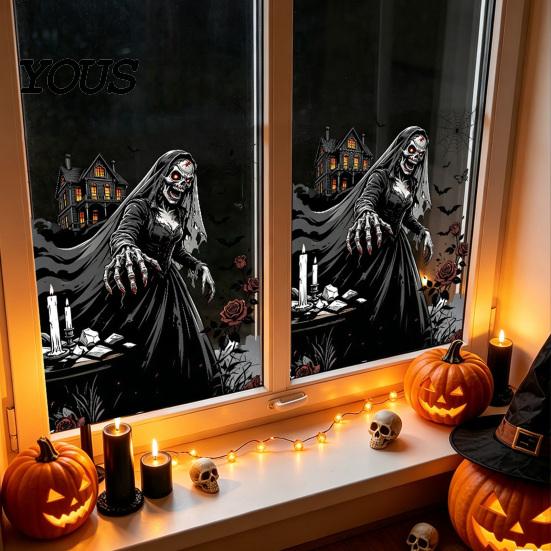 Easy Peel Window Graphics Halloween Spooky Bat Static Clings, Ghost House Glass Stickers, Adhesive-Free Beautification Sets Waterproof Decals for Bar