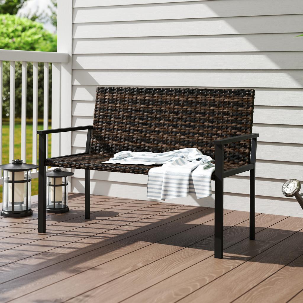 2 Seater Rattan Garden Bench, Outdoor Bench with Quick-Drying Cotton Padding, Wicker Garden Loveseat with Armrests, Steel Frame for Patio, Park