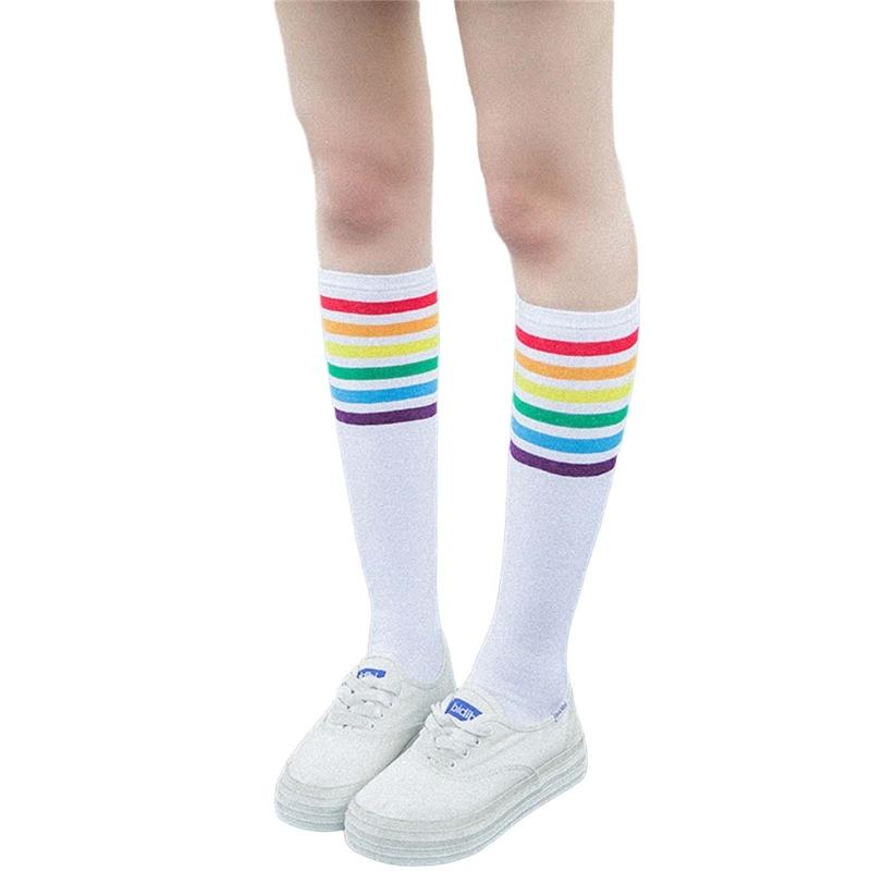 Women School JK Girls Cotton Over Calf Long Socks Japanese Style Rainbow Striped Student Uniform Casual Knee High Socks