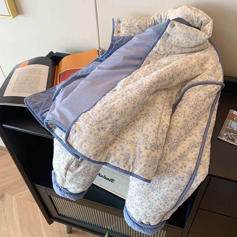 

Синяя маленькая цветочная вельветовая куртка с хлопковой вставкой женская 2025 зима новая теплая повседневная кофта XL