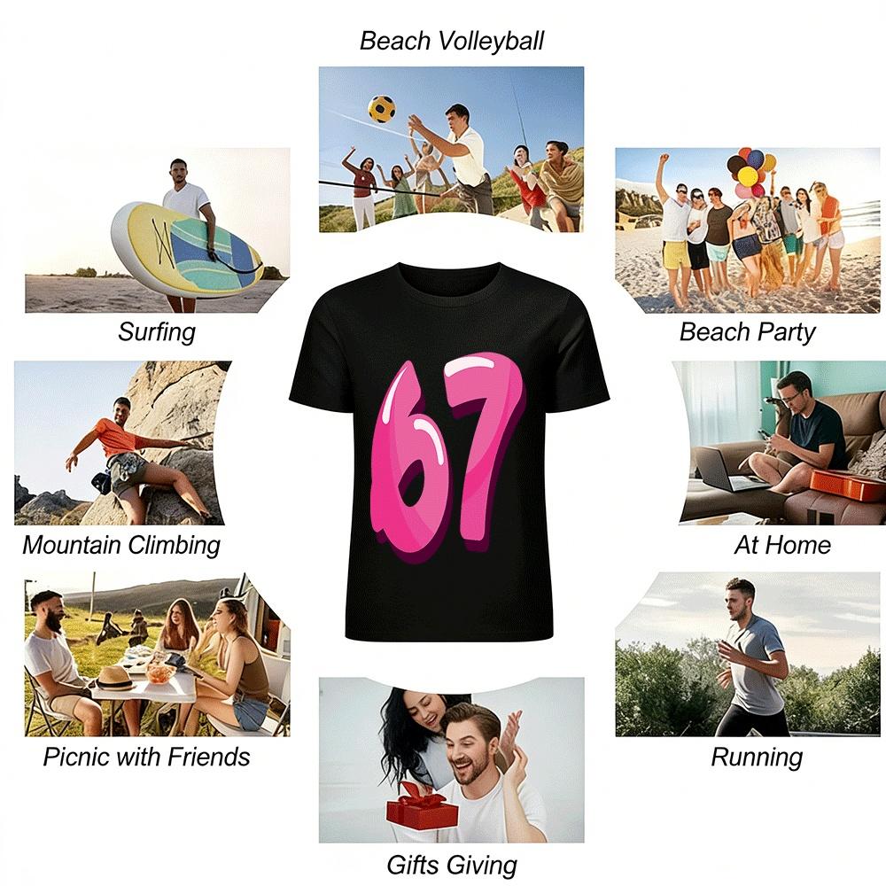 Gradient Pink Purple Number 67 Print Casual Top Pure cotton T-shirt
