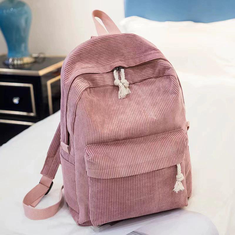 Women Corduroy Backpack Large Capacity Casual School Bag Lightweight Travel Daypack College Bookbag with Front Pocket