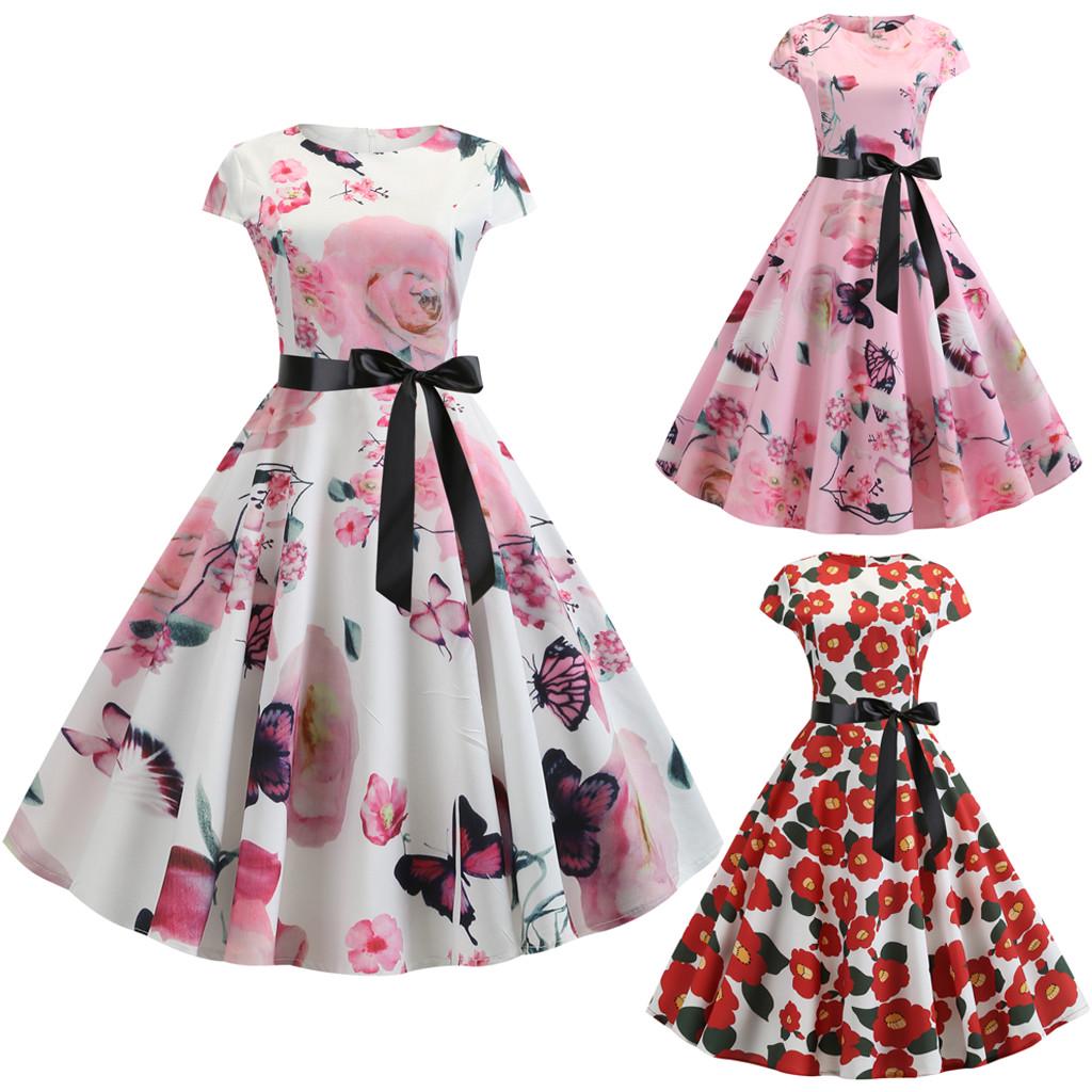 

Женские винтажные вечерние платья с короткими рукавами и цветочным принтом