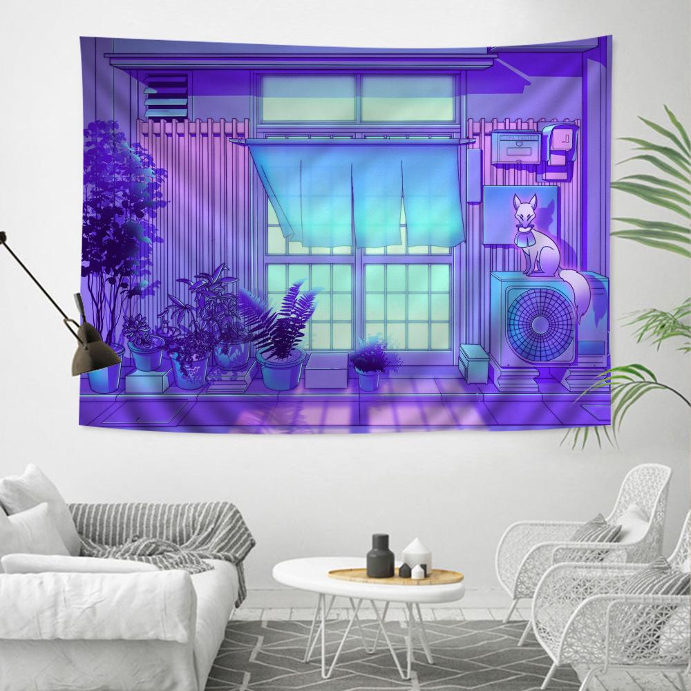 80S Vaporwave Style City Night Street Cat Cartoon Tapestry Wall Hanging Decoration Household Home Decor