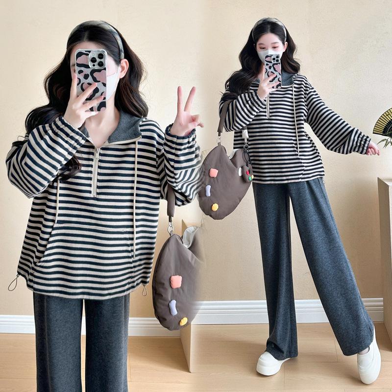 Striped Hooded Maternity Sweatshirt & Wide-Leg Pants Set - Casual Korean Style for Autumn/Winter L